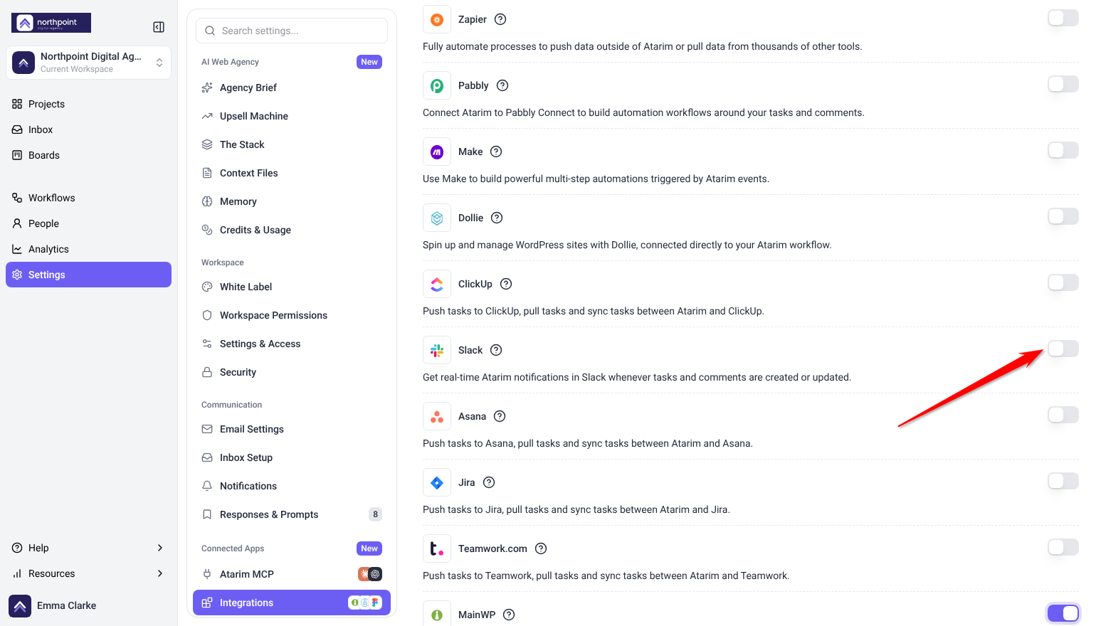 Integration Settings list with ClickUp, Slack, Asana and Jira switches; the arrow points at the Slack switch