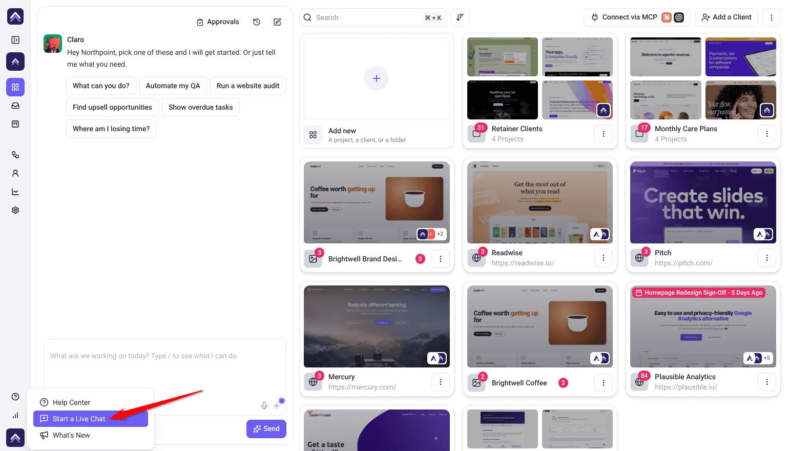 Projects screen with the sidebar Help menu open, arrow pointing at the highlighted Start a Live Chat option