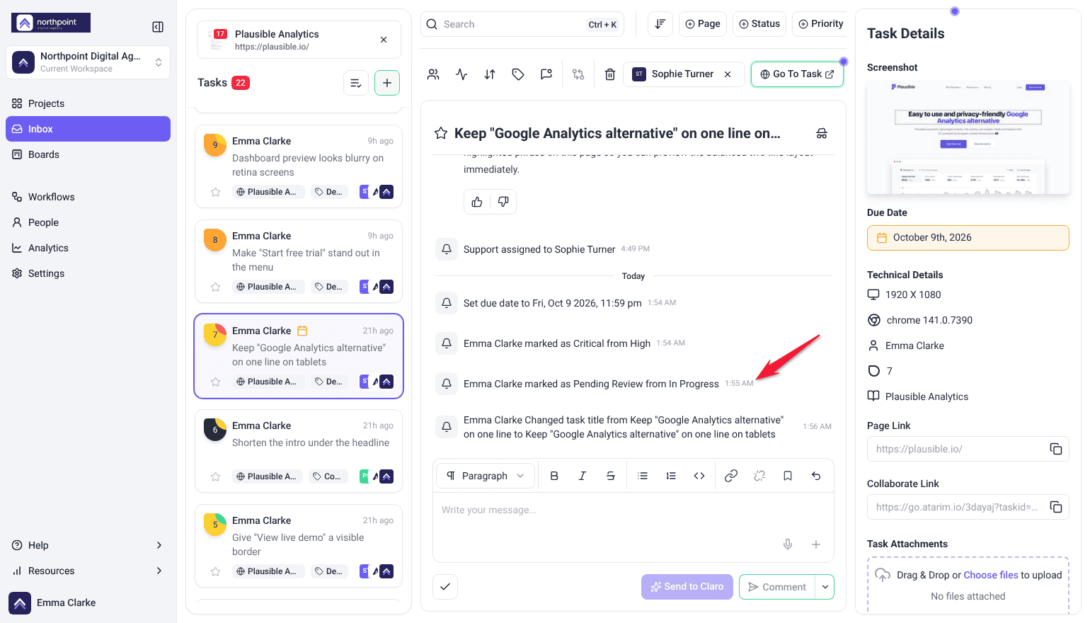 Inbox task thread with entries for a due date, a priority change, a status change and a renamed title
