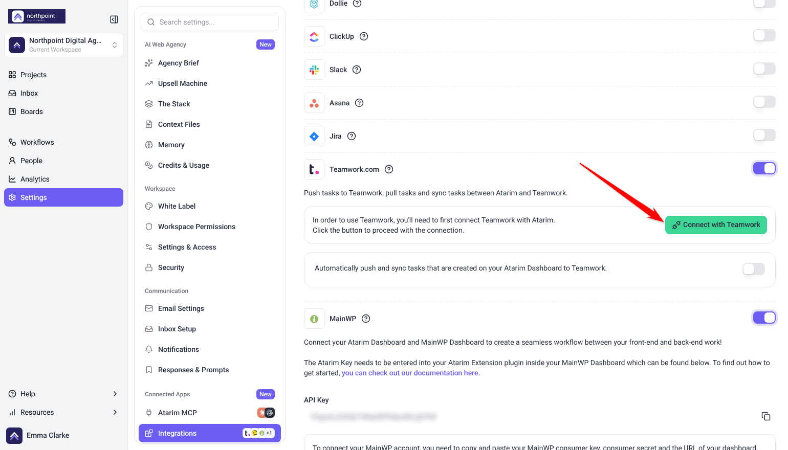 Teamwork.com card in Integration Settings switched on, with the Connect with Teamwork button