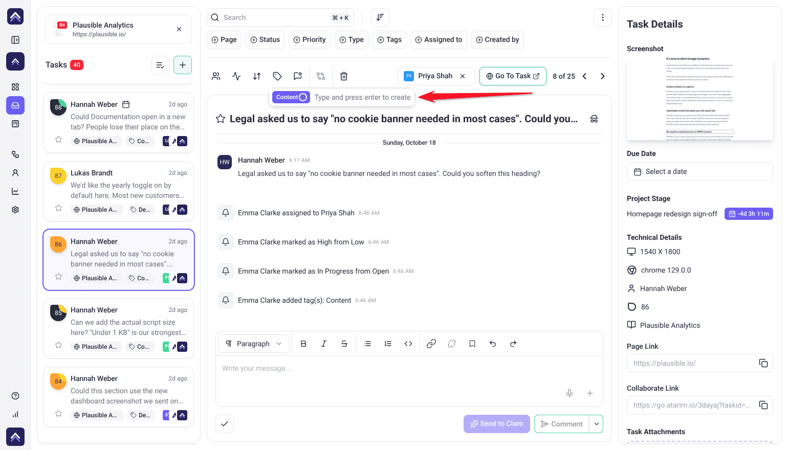 Inbox task from Hannah Weber with the tags box open, showing the Content tag; the arrow points at the box