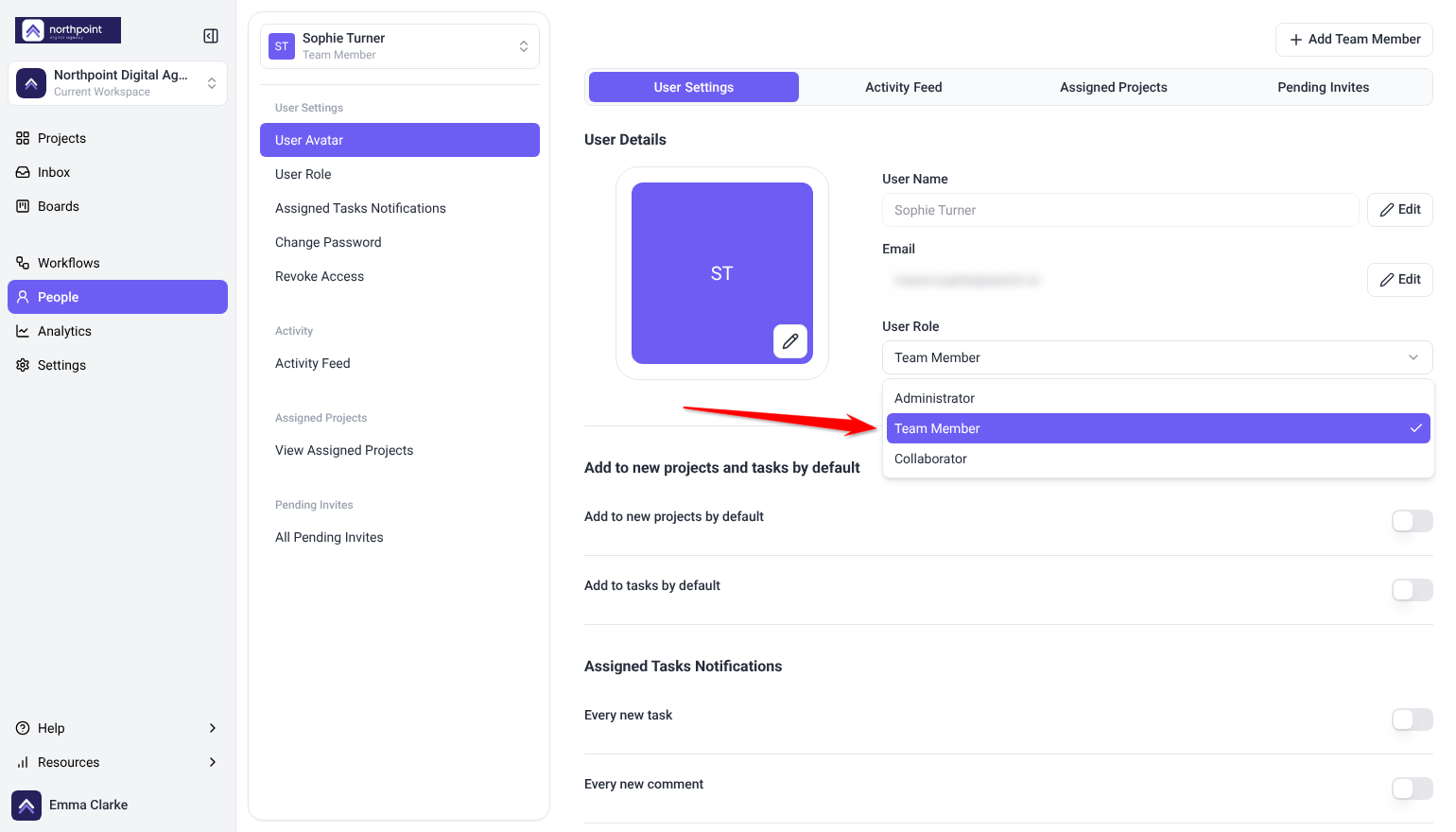 People screen on Sophie Turner's User Settings with the User Role menu open, the arrow on Team Member