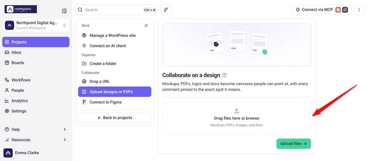 Collaborate on a design panel with the drag-and-drop upload area