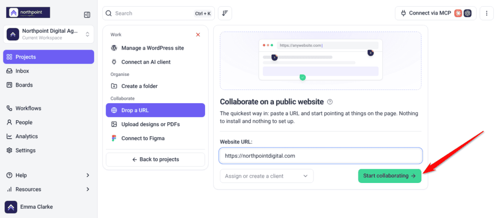 A web address entered in Website URL, ready to start collaborating