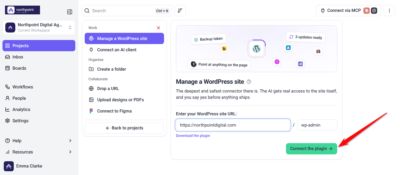 Manage a WordPress site panel with the Connect the plugin button