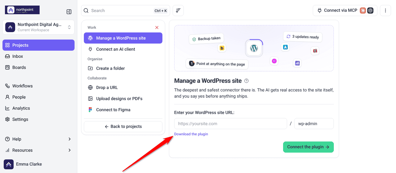 Manage a WordPress site panel with the Download the plugin link under the URL field