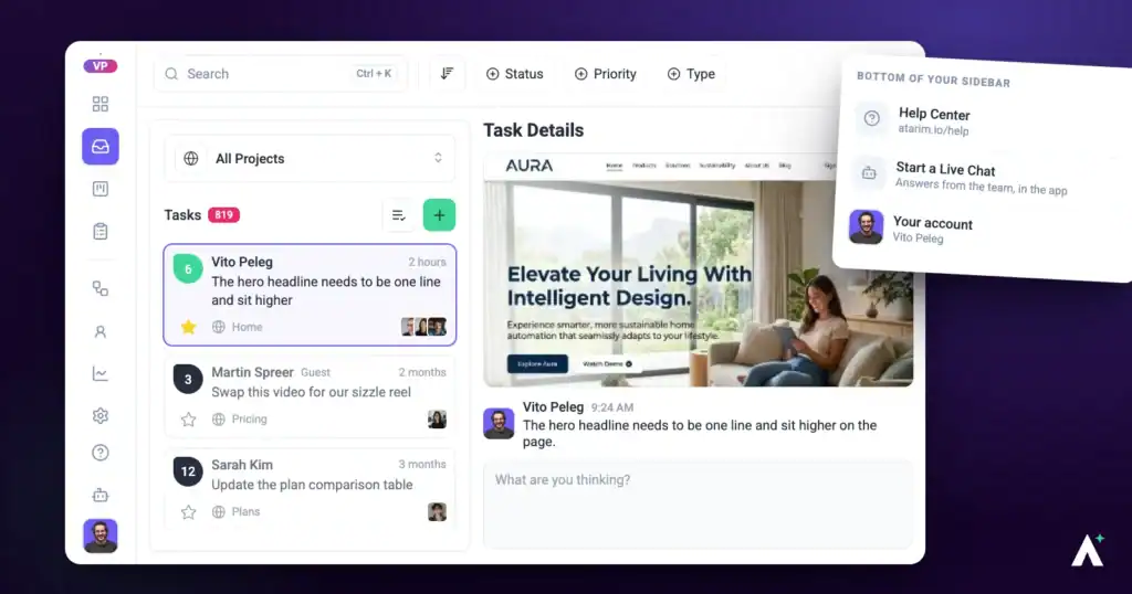 The Atarim help centre and live chat support options