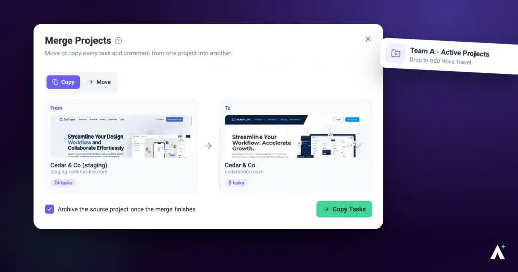 Atarim merge projects dialog with source and destination columns