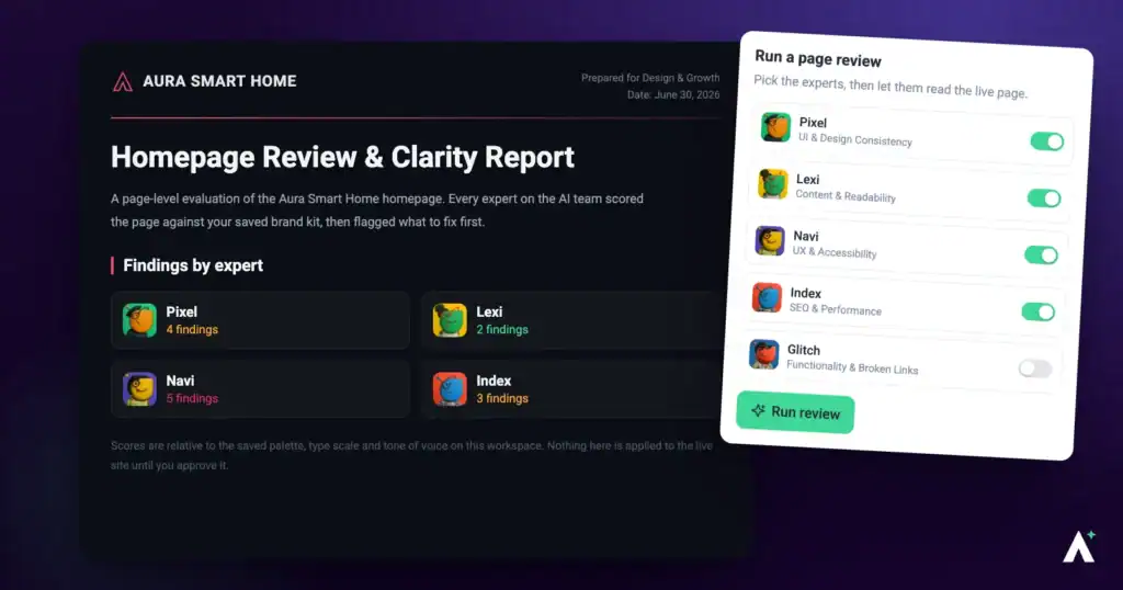 Starting an AI page review in Atarim and picking the expert agents