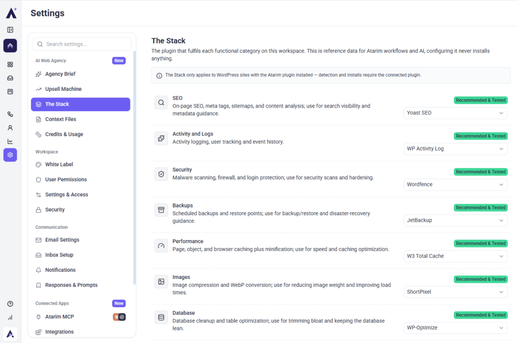 The Stack listing recommended plugins per category