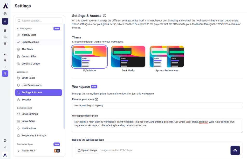 Settings and Access with theme choice and workspace details