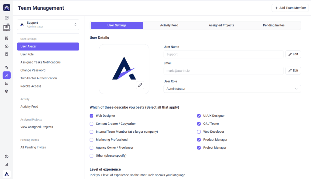 User Settings tab of a personal user record, alongside Activity Feed, Assigned Projects and Pending Invites