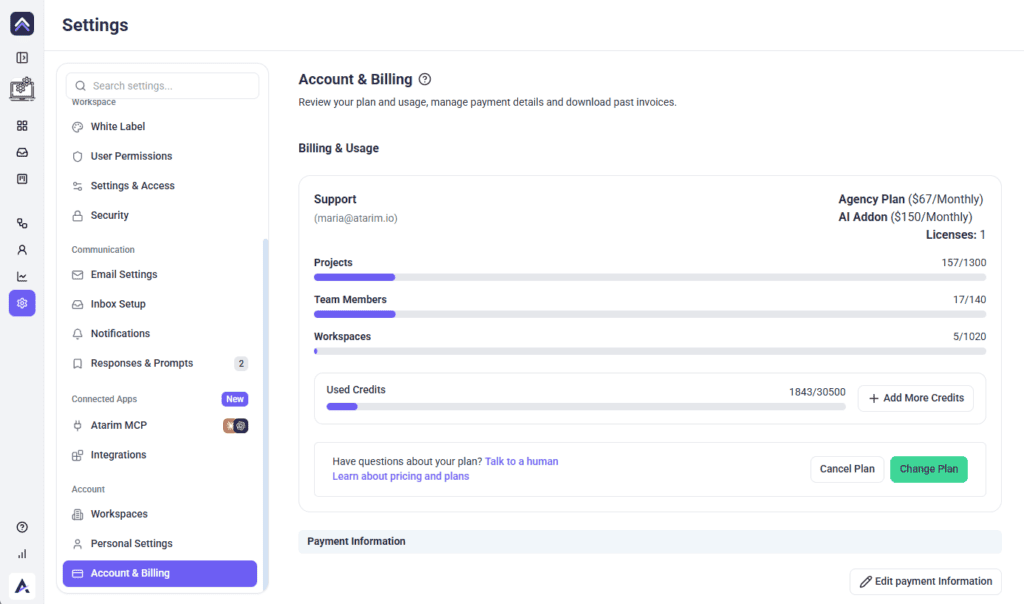Account and Billing screen with the current plan and usage limits