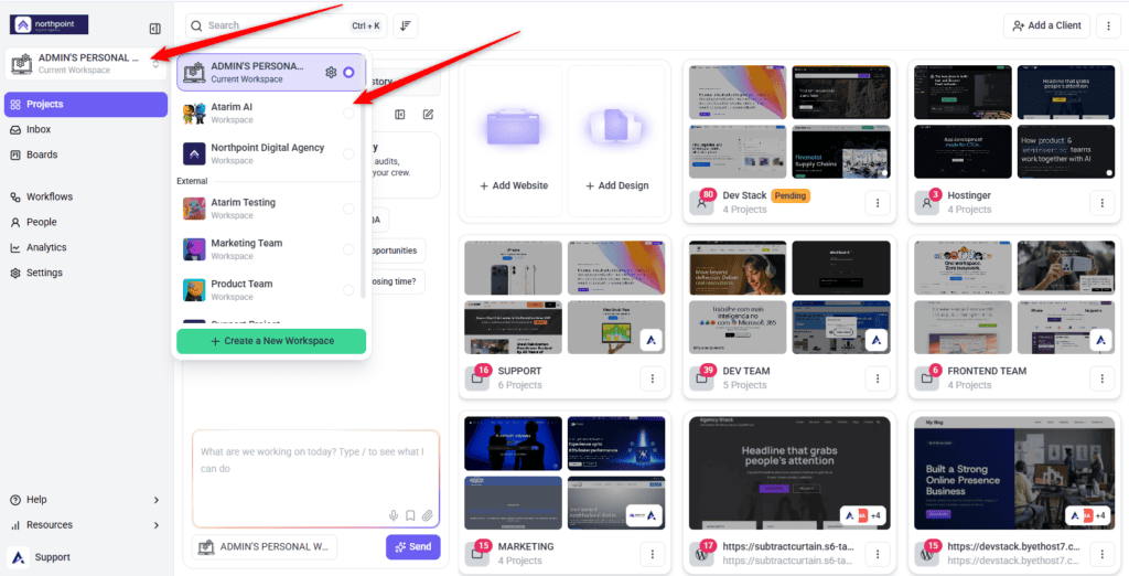 Workspace switcher open, listing the available workspaces