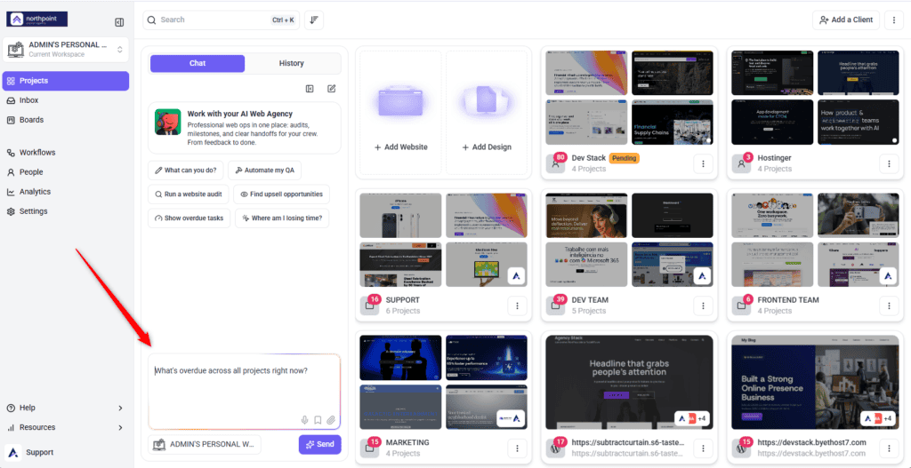 Claro chat composer with a prompt asking for overdue tasks