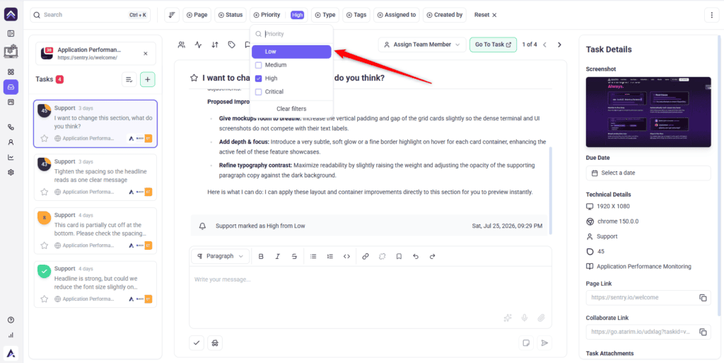 Inbox list filtered down by task priority
