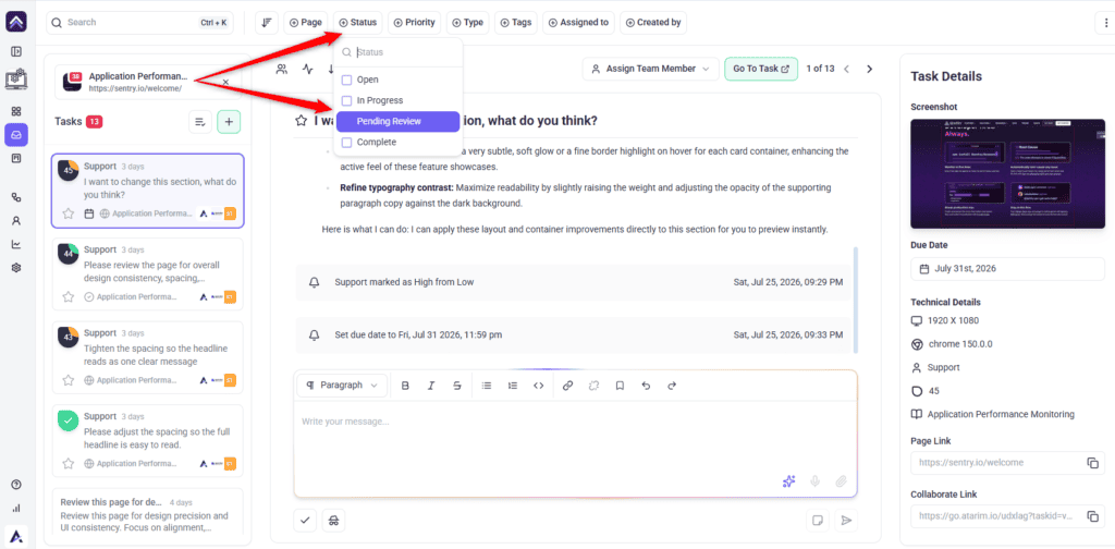 Status filter open with Open, In Progress, Pending Review and Complete