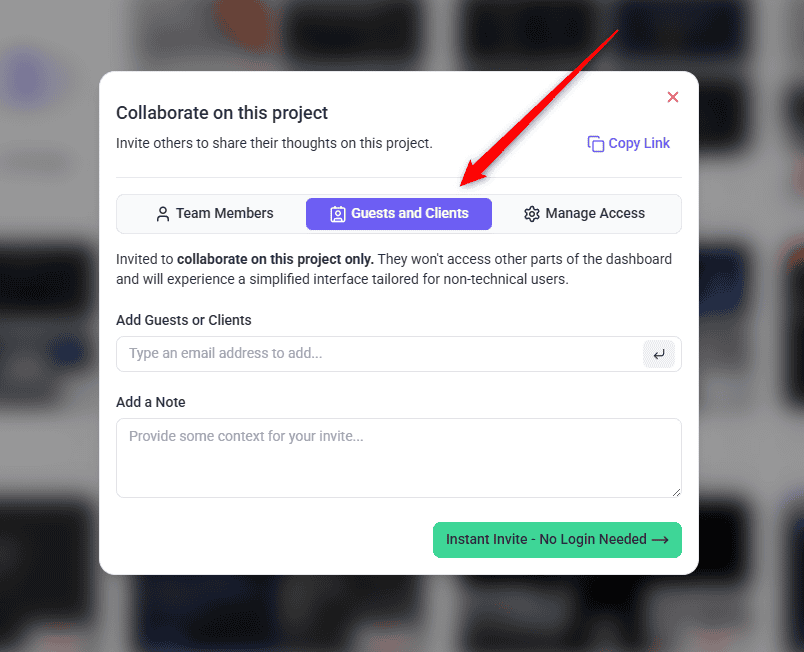 Guests and Clients section of the project sharing screen