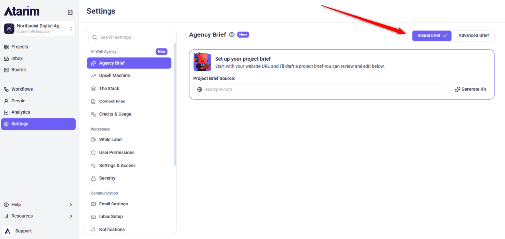 Agency Brief open on the Visual Brief view, with the mode toggle at top right