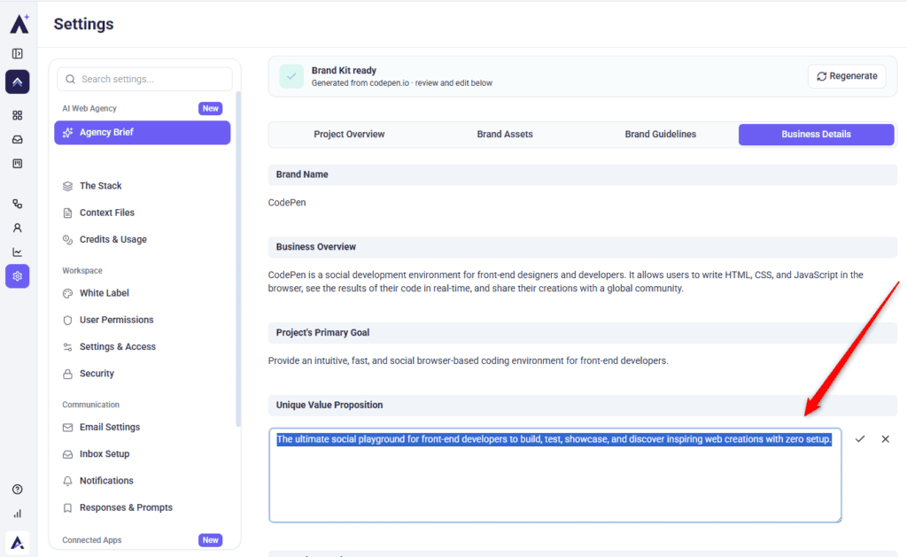 Project Overview field in inline edit mode with a confirm tick