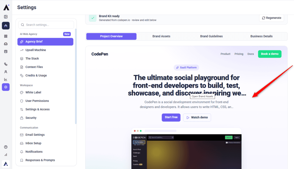 Site preview with a hover control that opens Brand Assets