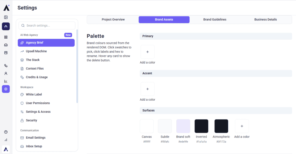 Palette section listing primary, accent and surface colours