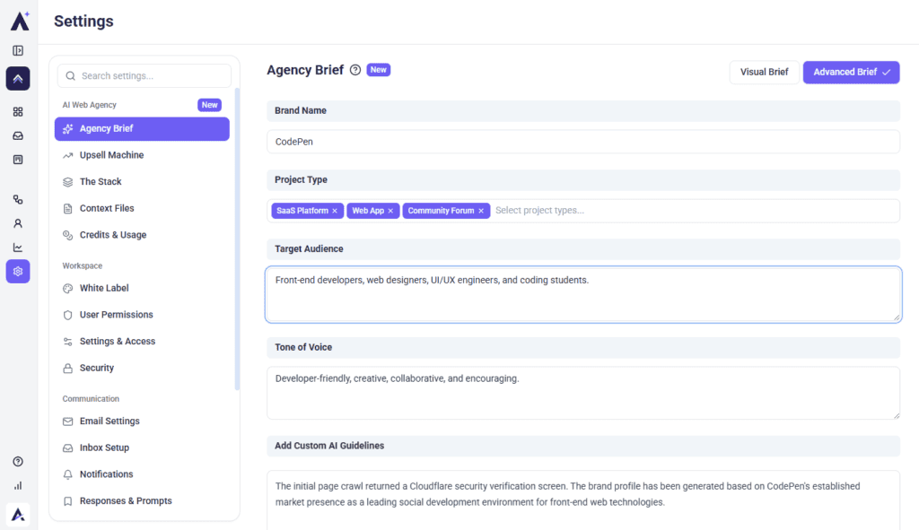 Advanced Brief showing plain text fields for direct editing