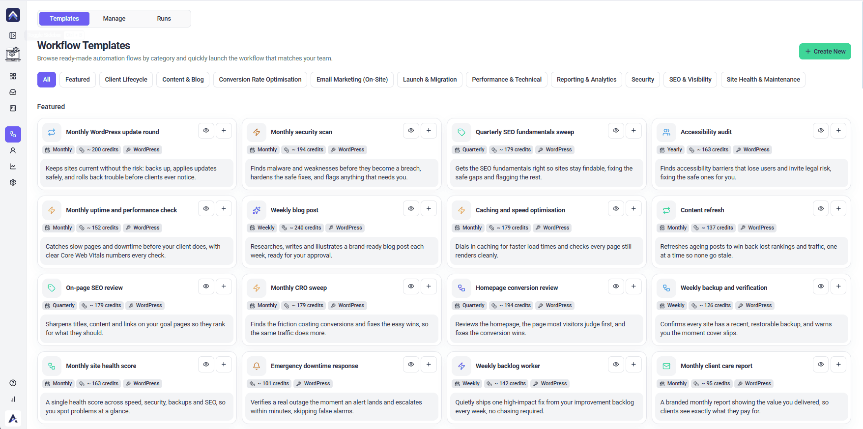 The three Workflows tabs: Templates, Manage and Runs