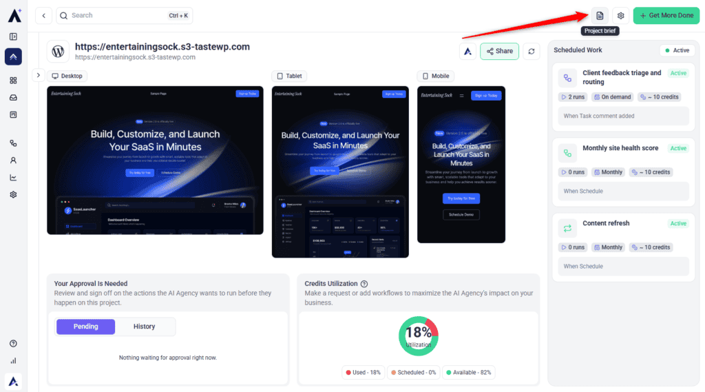 Project dashboard top bar with the Project brief tooltip
