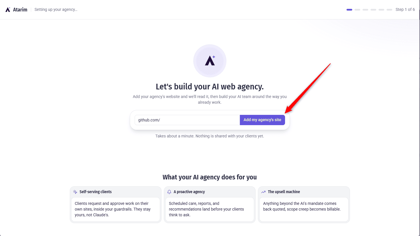 Atarim reading the submitted agency site, analysis in progress