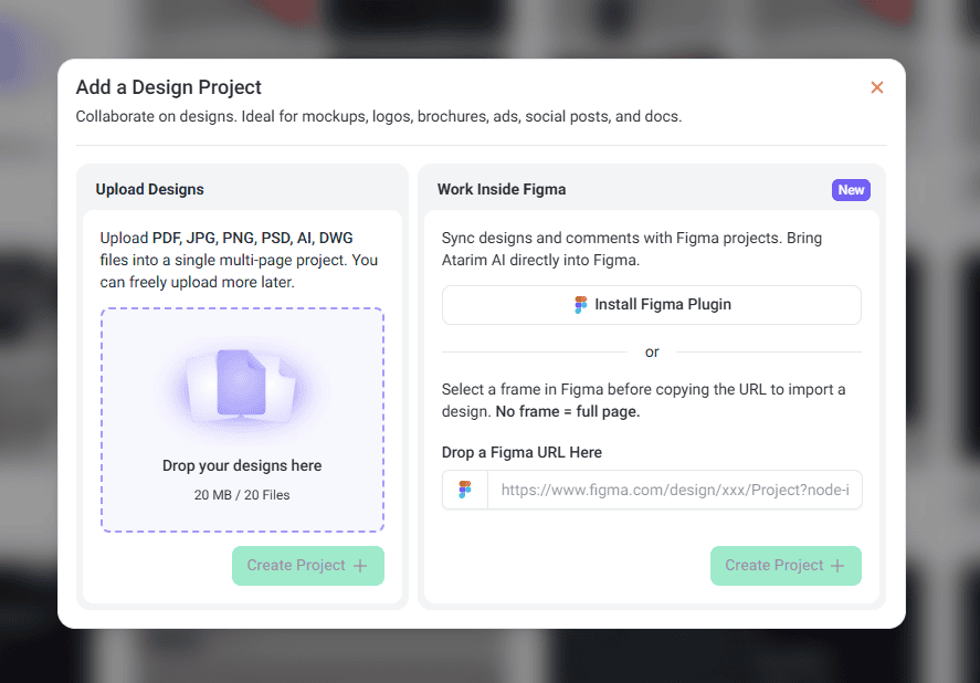 Options to upload design files or connect Figma