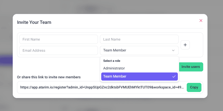 Invitation form with user details and a role selector