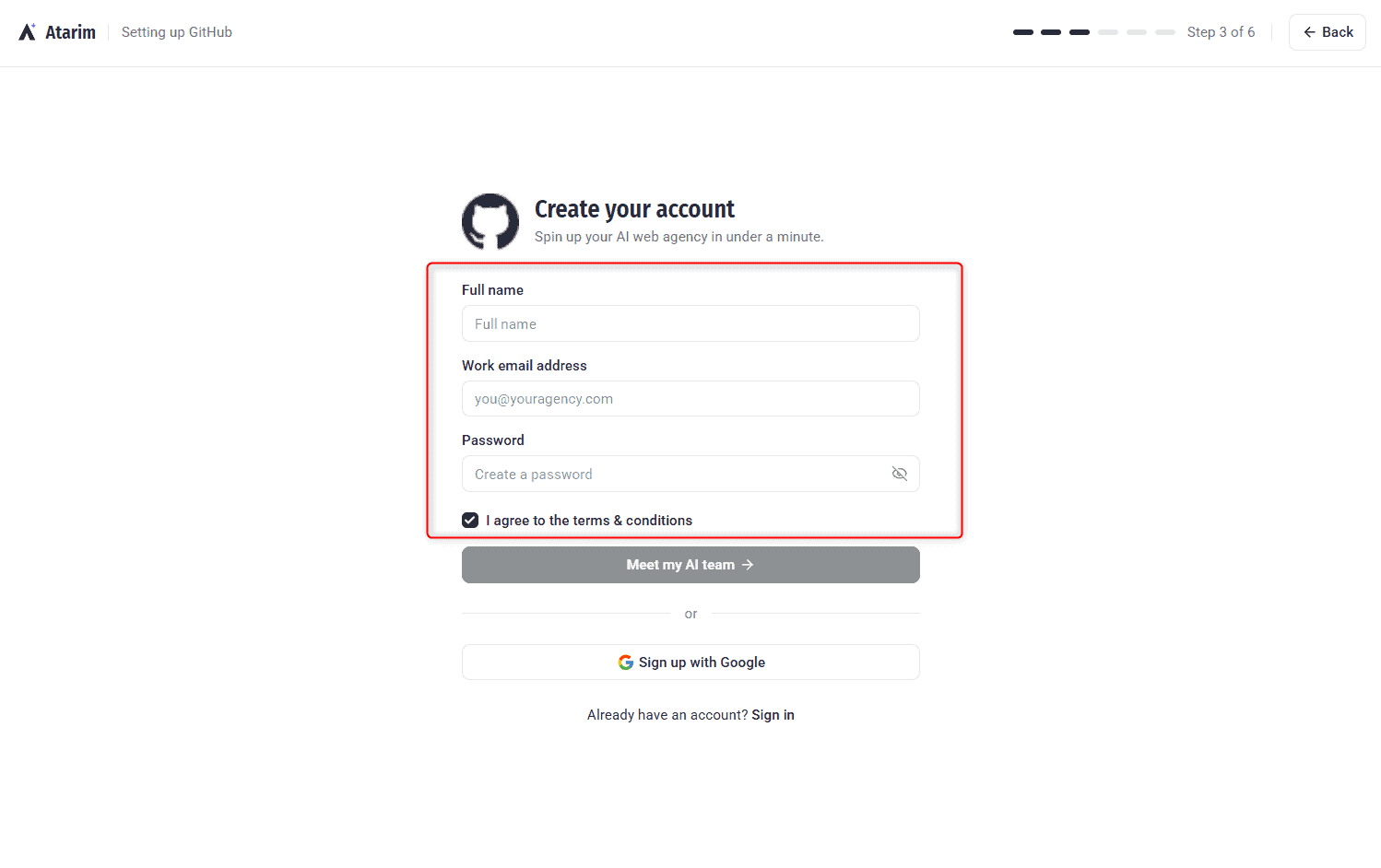 Registration form with name, work email, password and terms checkbox