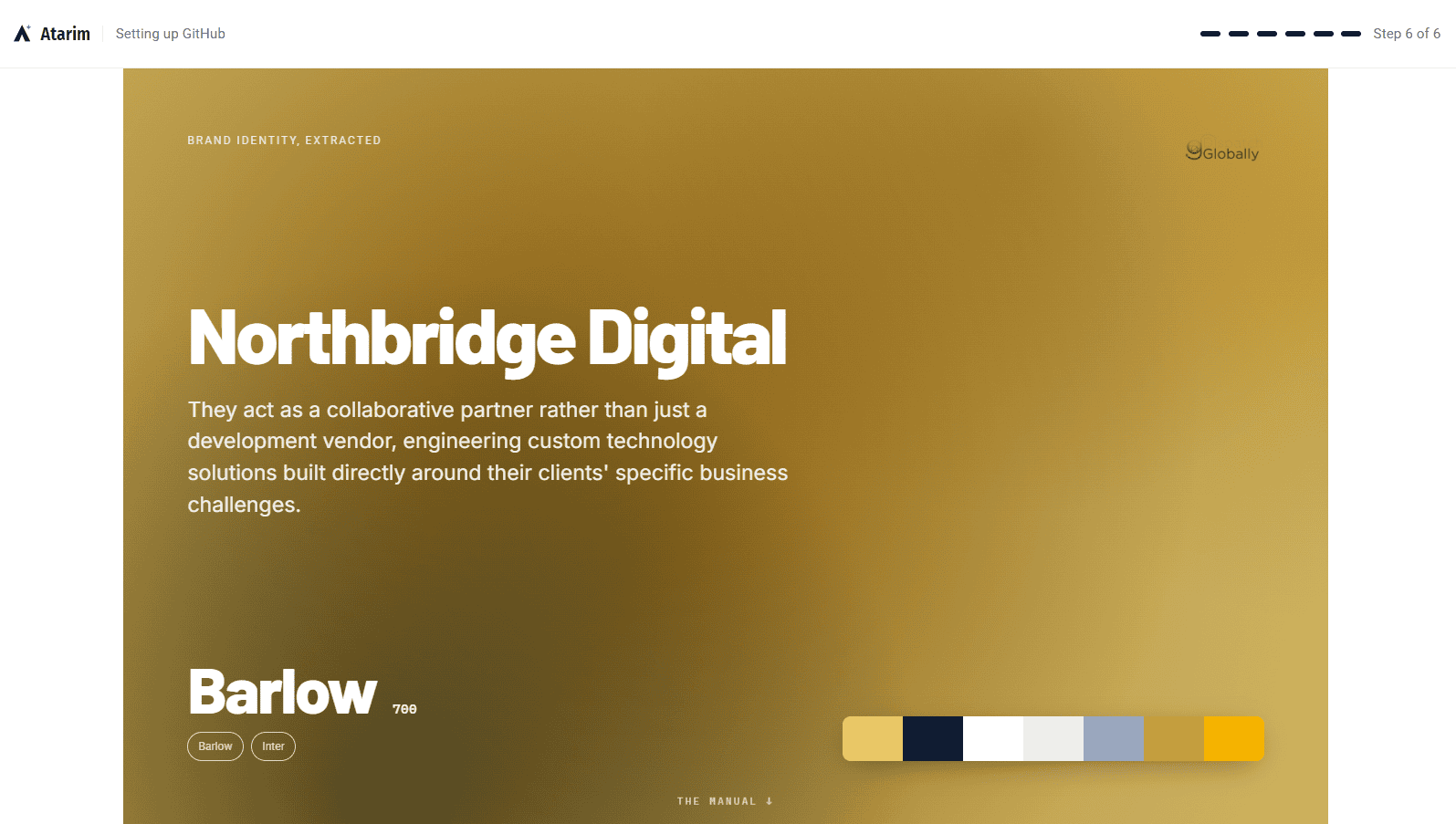 Extracted client brand kit showing colours, fonts and business description