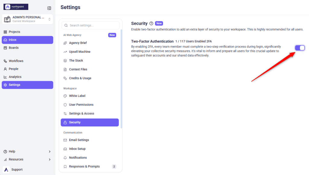 Two-factor authentication being switched off at workspace level