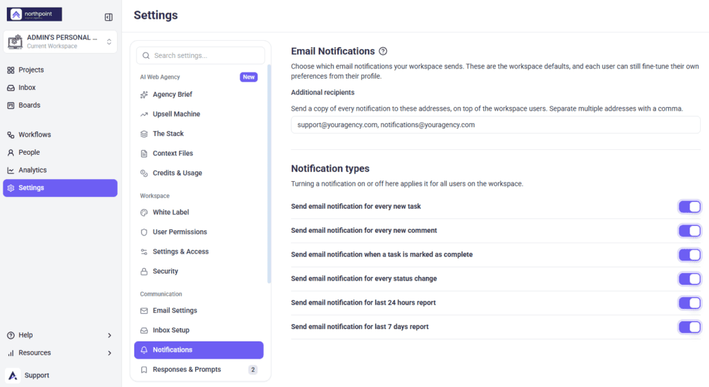 The Settings screen with Notifications selected and the Email Notifications panel open