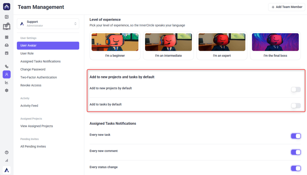 A member profile showing the Add to new projects and tasks by default switches