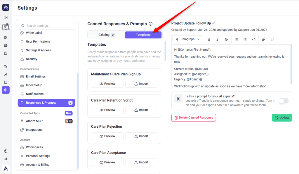 Responses and Prompts screen on the Templates tab