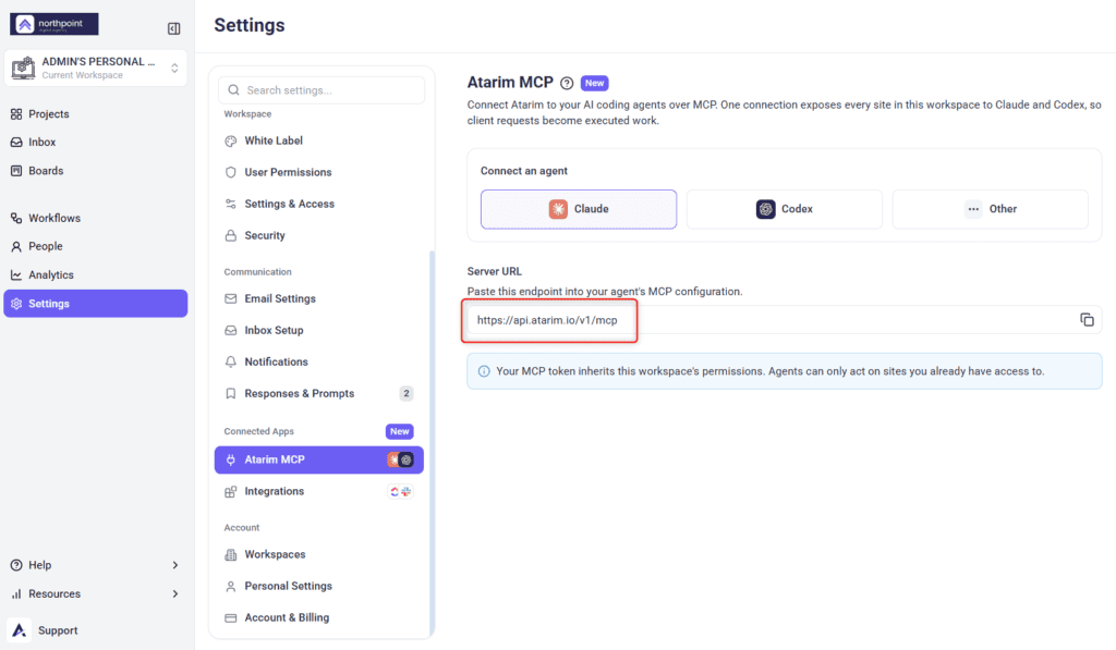 Atarim Settings with the MCP panel open