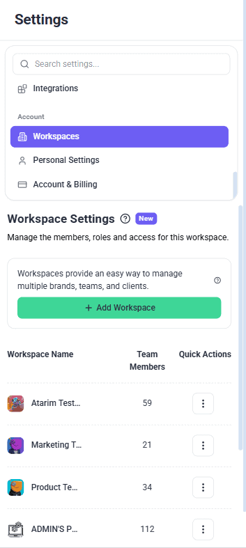 Workspace row with Edit and Delete collapsed into a single menu on a narrow screen