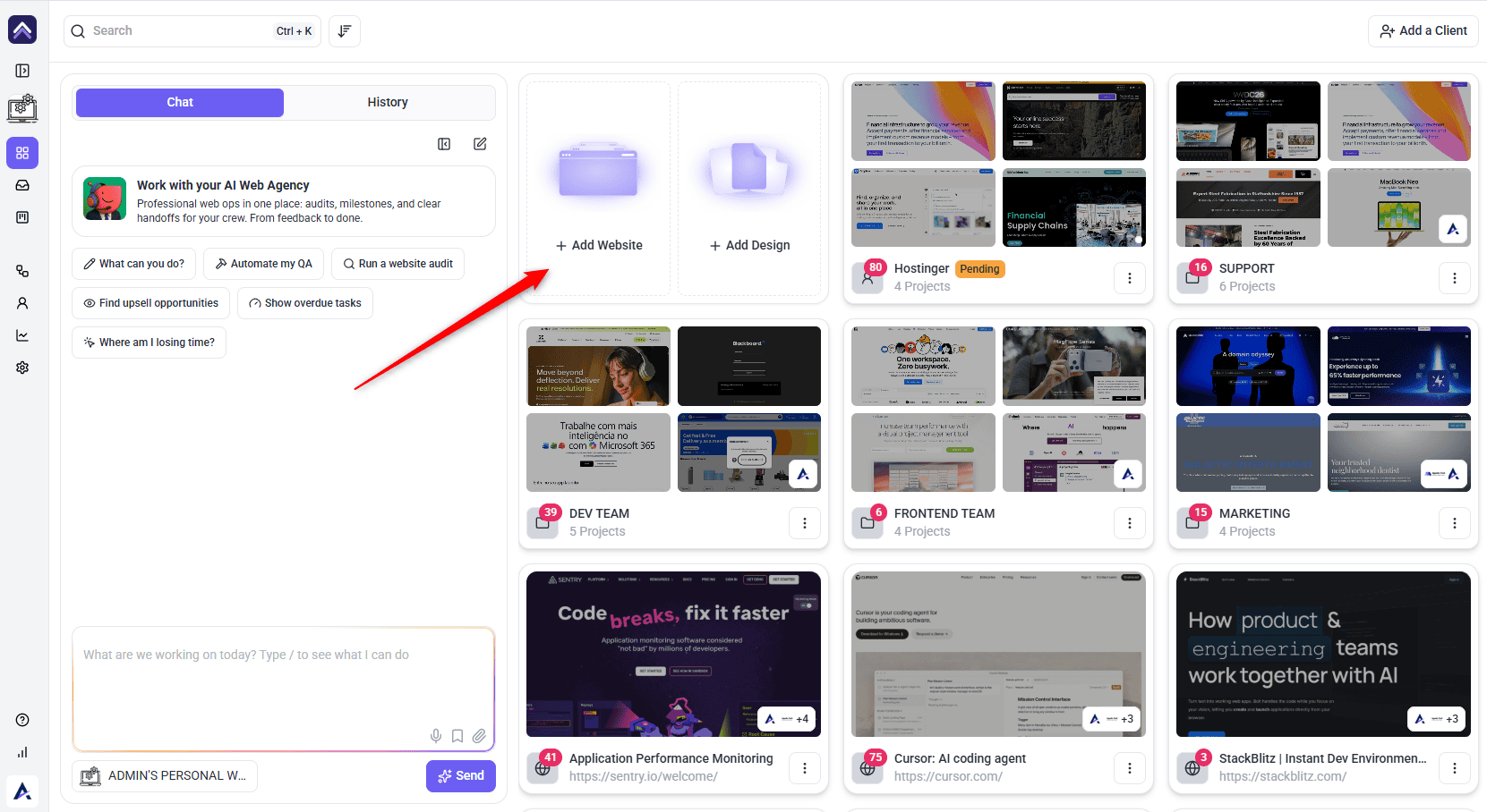 Add Website option on the Projects screen