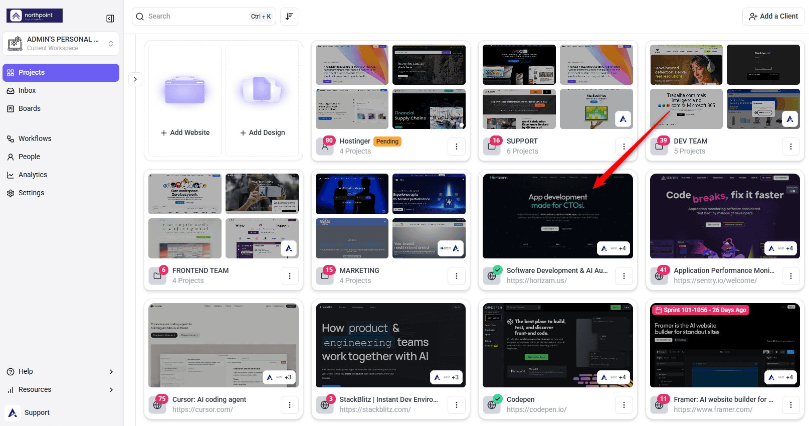 Newly added website shown as a project card
