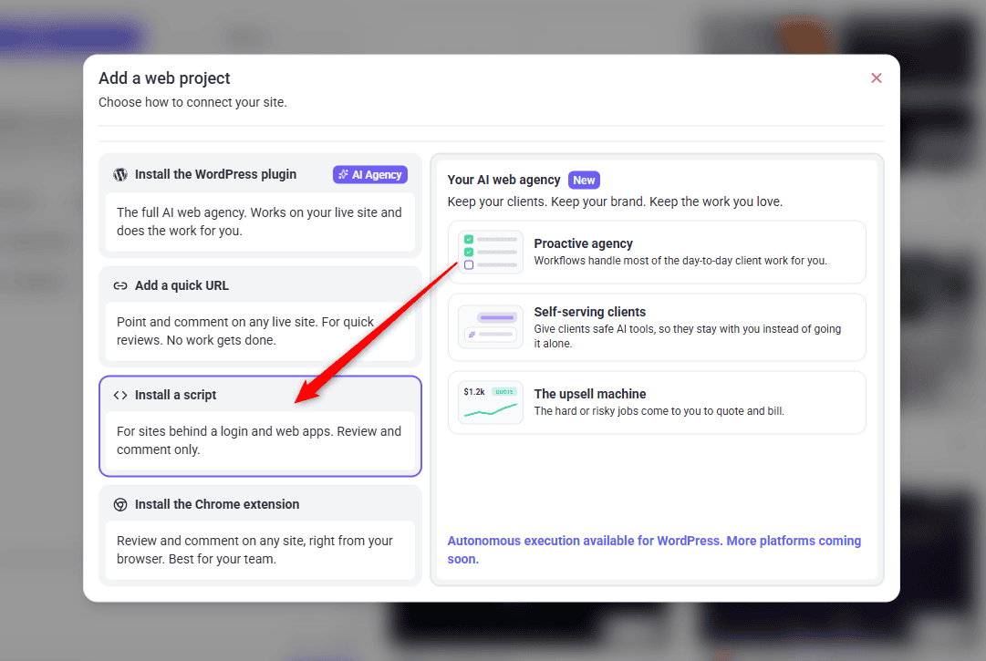 Project creation modal with the script installation option