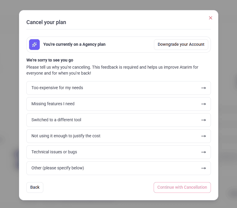 Cancellation reasons list, with Continue with Cancellation disabled until one is chosen