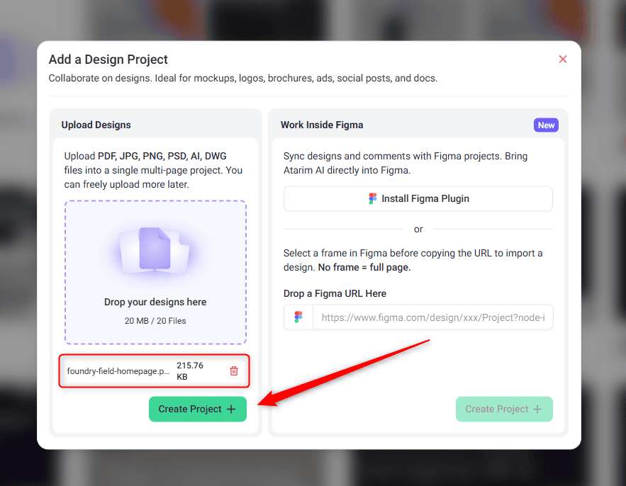 Uploaded designs ready with the Create Project button