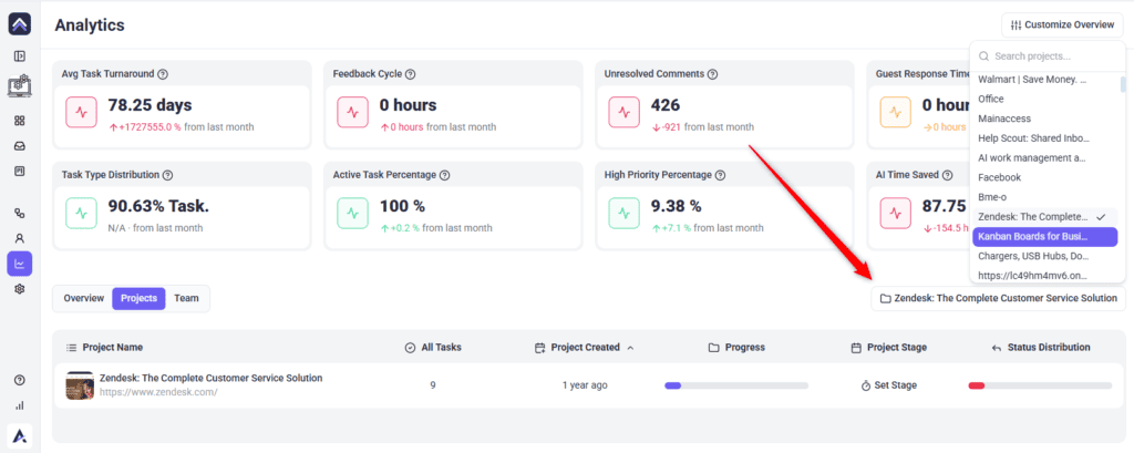 Projects tab listing projects with task counts