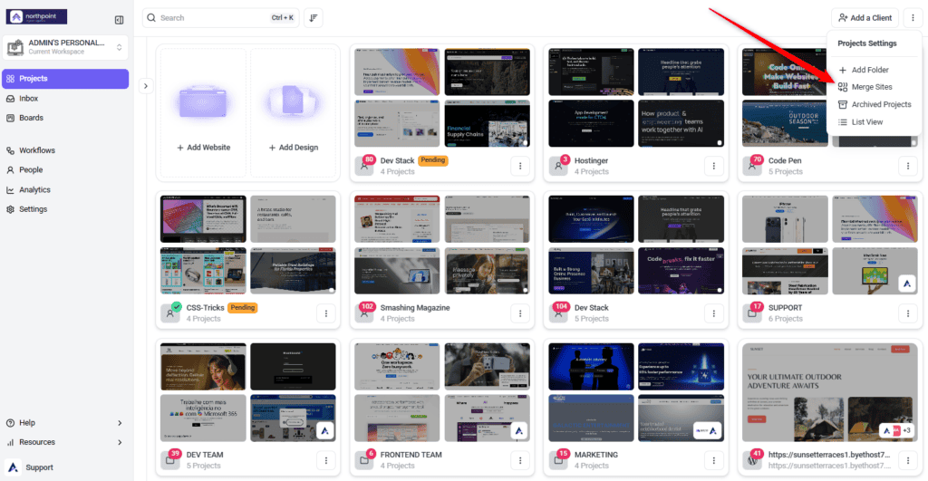 Projects actions menu with the Merge Sites option