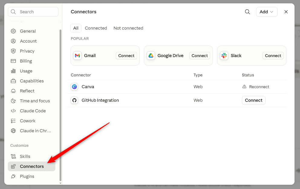 Connectors section of Claude Settings