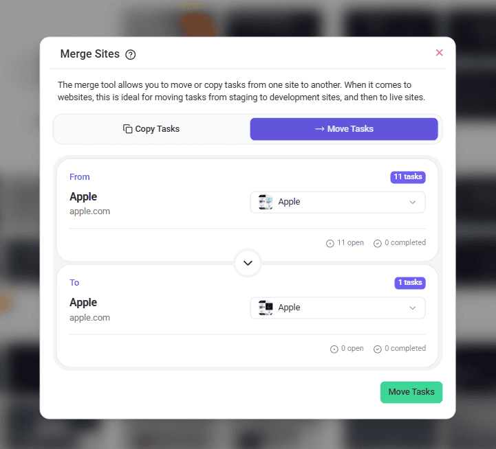 Merge Sites modal after the projects are selected
