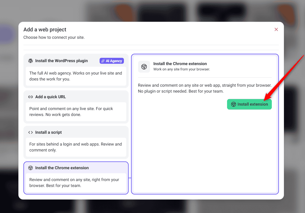 Project creation modal with the Chrome extension option